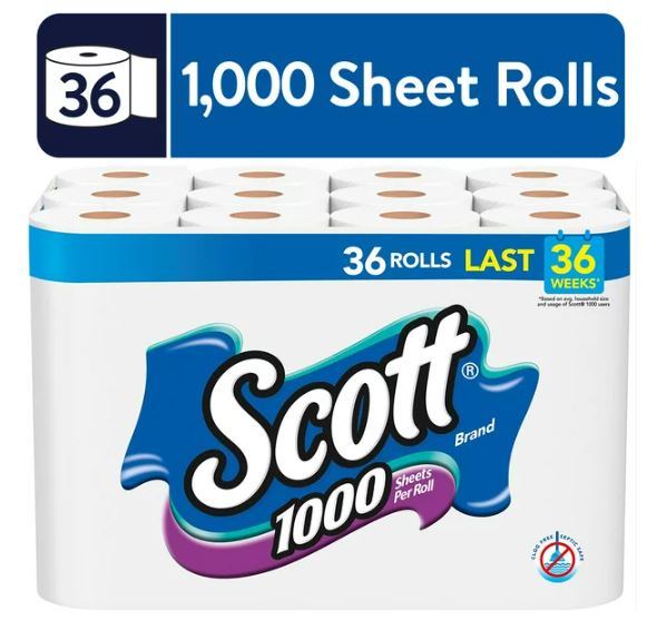 Scott 1,000 Toilet Paper, 36 Rolls, 1,000 Sheets per Roll